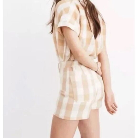 Madewell Gingham Plaid Button Shorts 25 Tan Cream Cottagecore French Girl Coasta - Picture 2 of 9